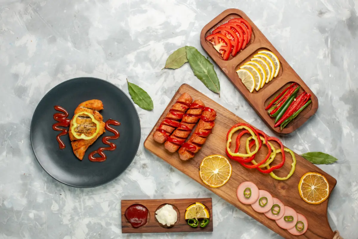 Artfully arranged sausages with a variety of fresh garnishes.