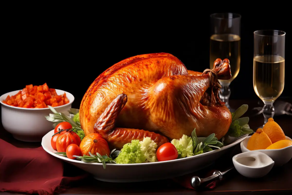 Succulent roasted turkey on a festive platter with vegetables and a glass of wine.