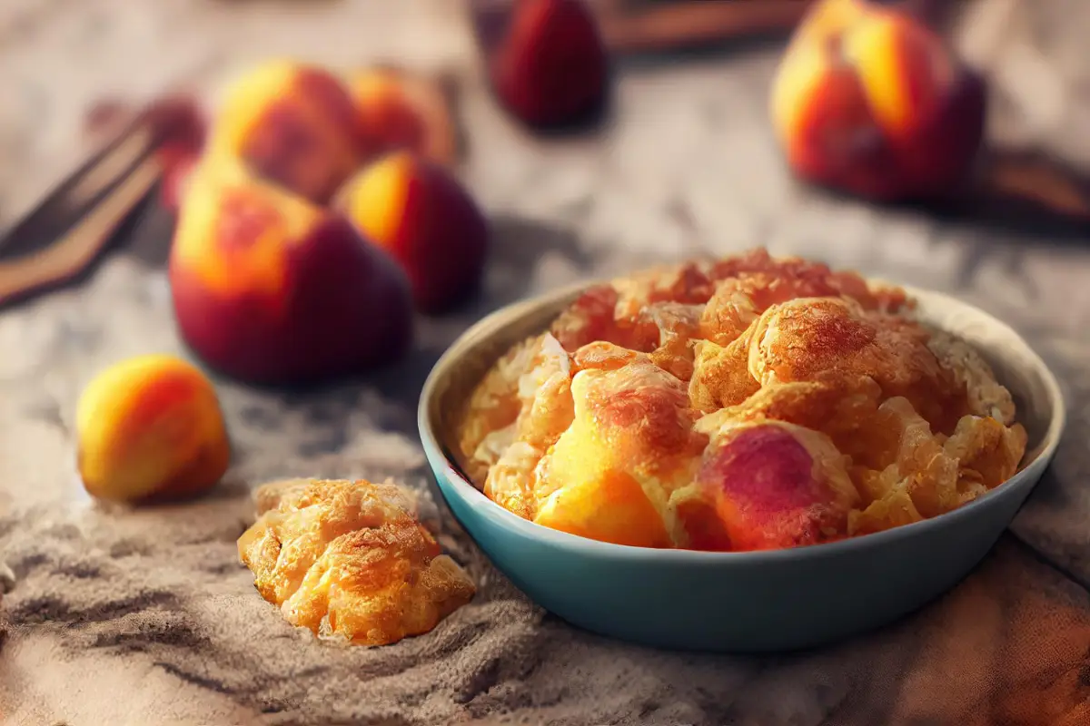 Golden-brown peach cobbler in a turquoise bowl with fresh peaches nearby.