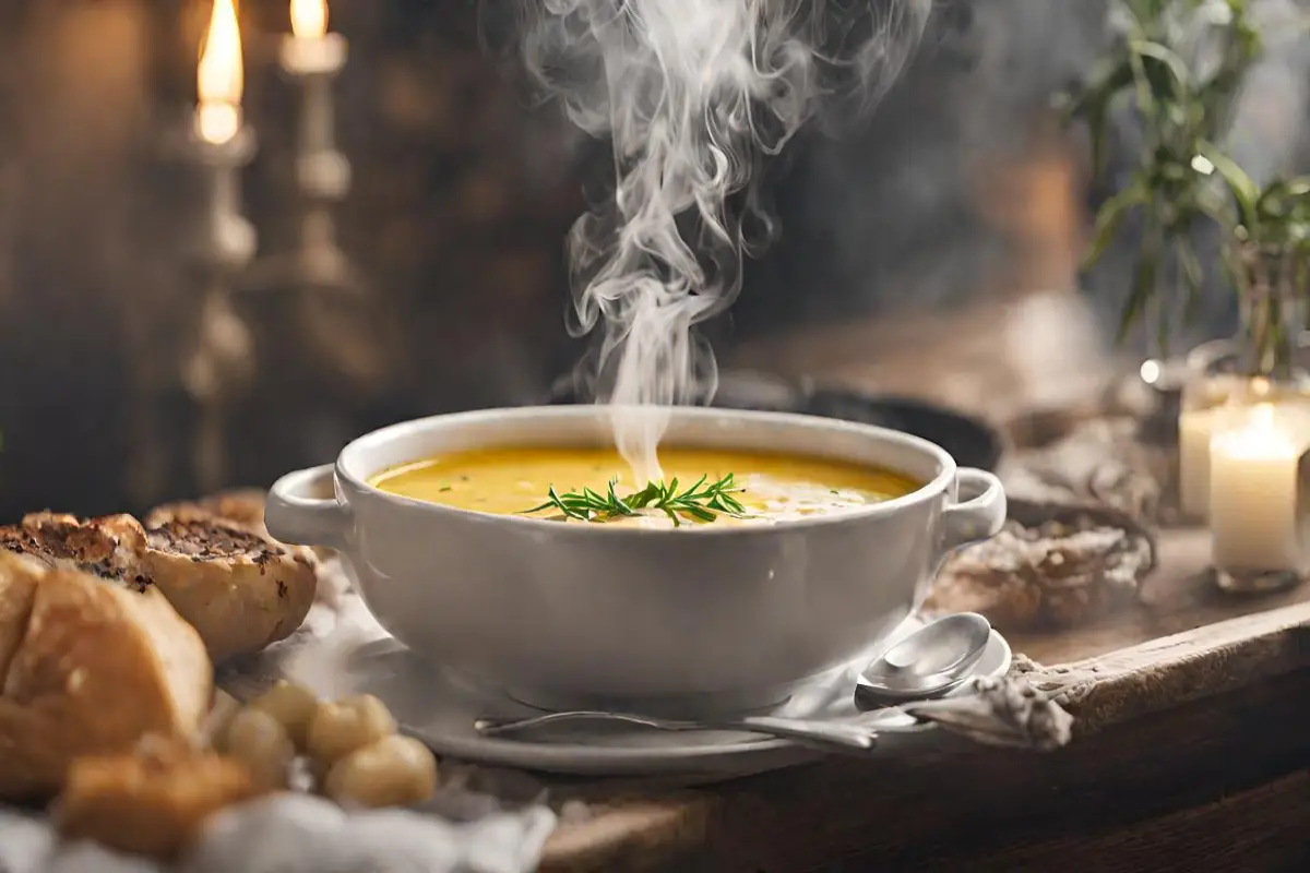 A steaming bowl of Italian Penicillin Soup garnished with rosemary, symbolizing its health benefits and comforting warmth