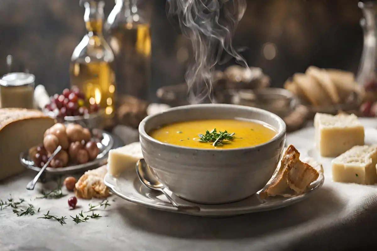 Warm bowl of Italian Penicillin Soup on a rustic table with bread and cheese, evoking the soup's rich cultural heritage.