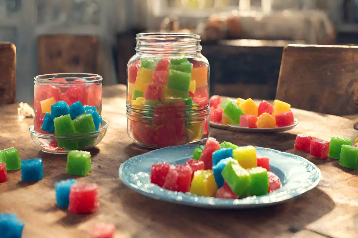 Assorted colorful Jolly Rancher candies on a rustic wooden table
