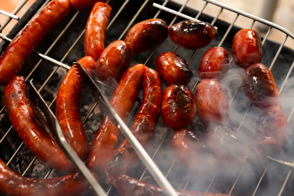 Red Hots sausages sizzling on a grill, showcasing the grilling technique.