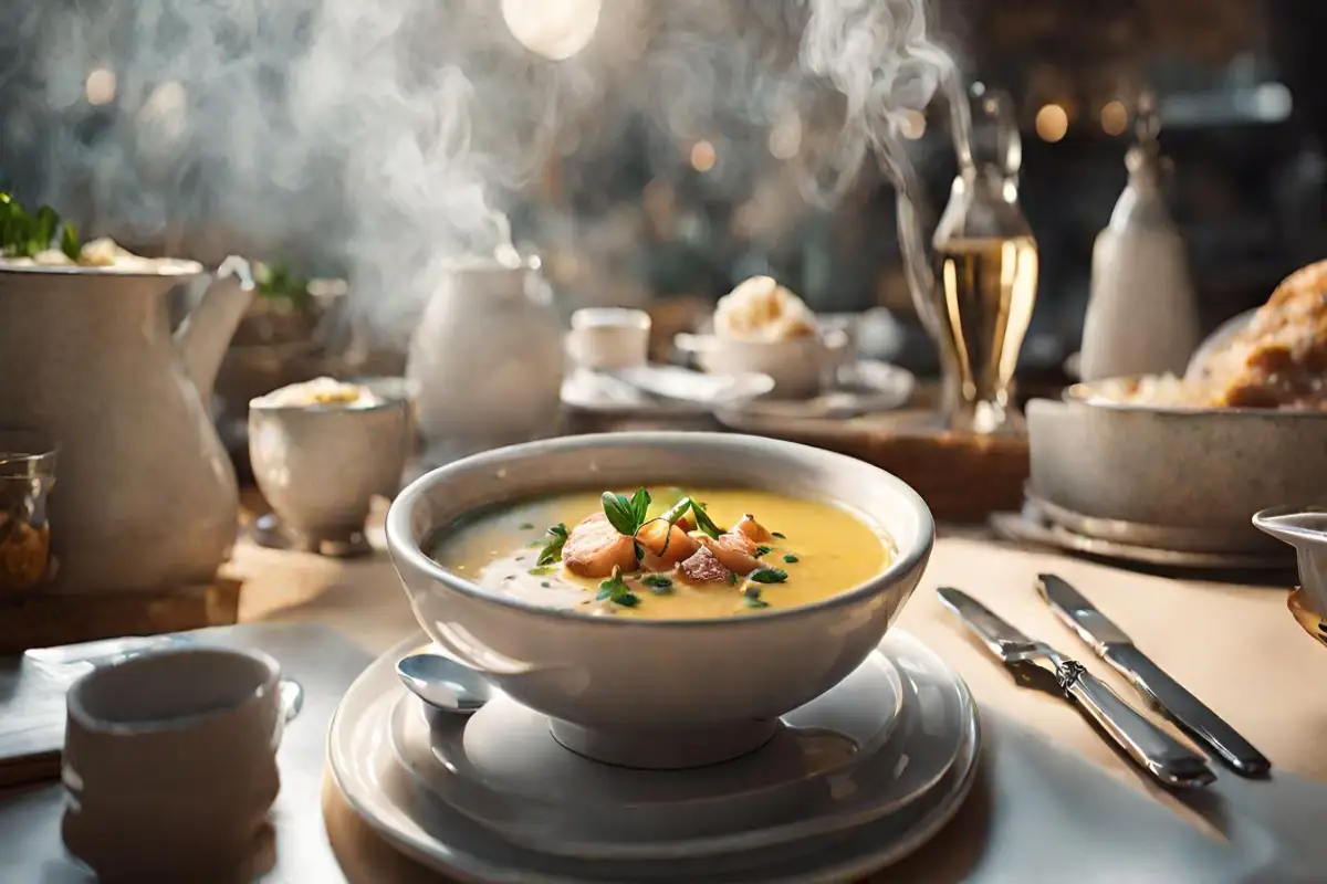 Elegant presentation of Italian Penicillin Soup in a modern culinary setting, steam rising from the bowl.