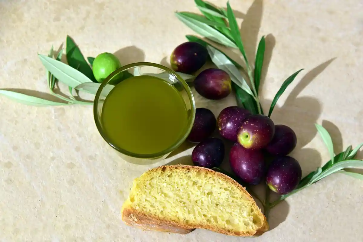 Extra virgin olive oil in a glass cup surrounded by fresh olives and olive leaves with a slice of crusty bread.