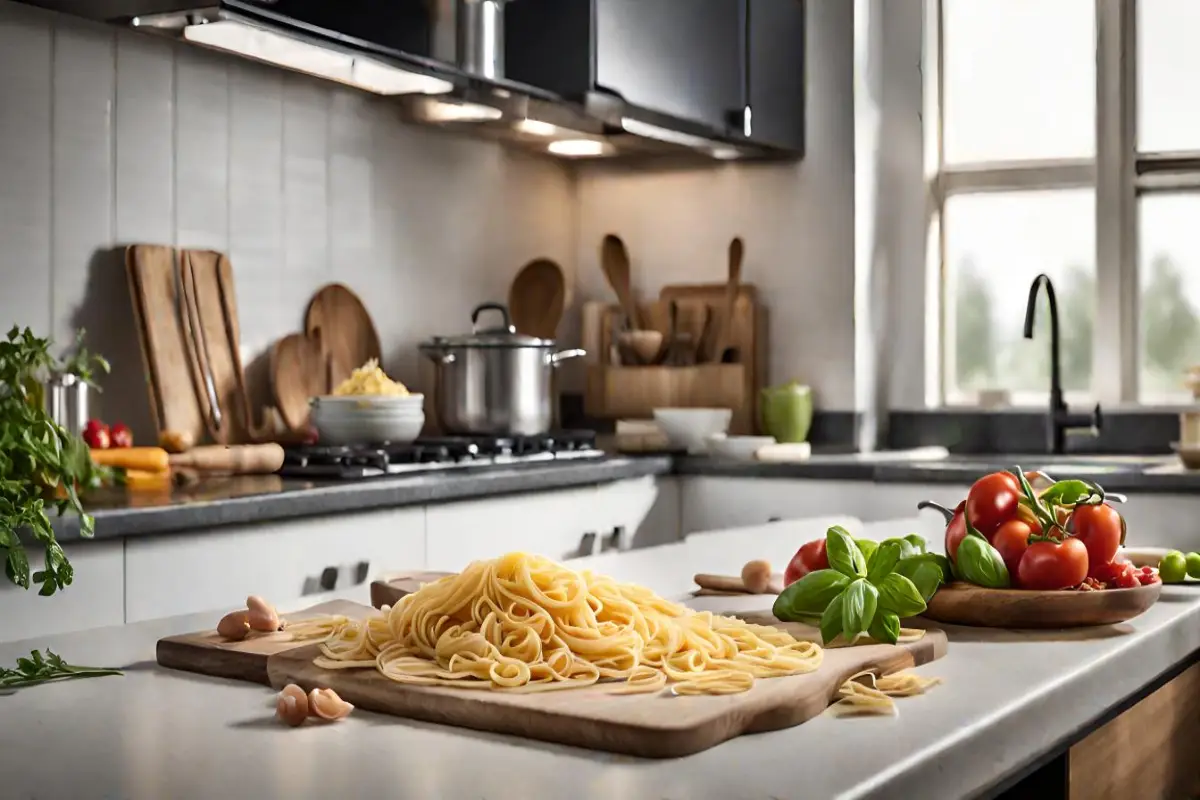 resh pasta on a cutting board with tomatoes and basil in a kitchen highlighting essential cooking tools