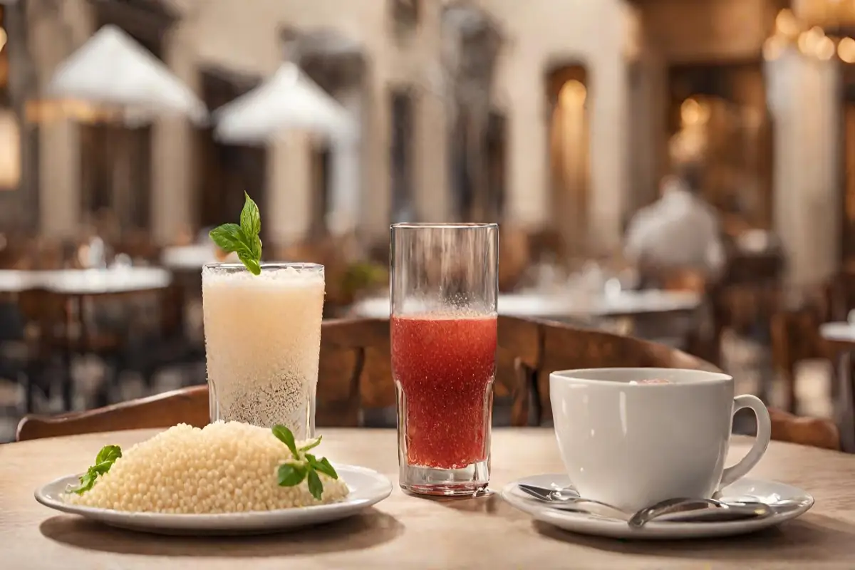 A bowl of pastina on a dining table, flanked by refreshing beverages, in a cozy Italian restaurant setting