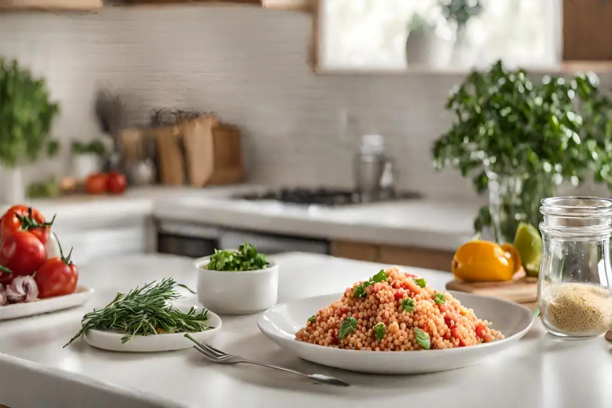 A plate of pastina sprinkled with fresh herbs, surrounded by wholesome ingredients in a bright kitchen, aligning with the healing nature of pastina.