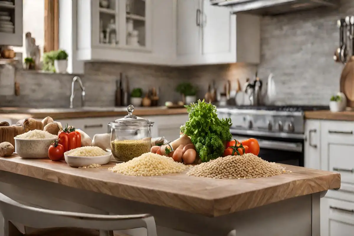 Assorted fresh ingredients and pastina laid out on a kitchen island, representing the wholesome truth about pastina's healing properties.