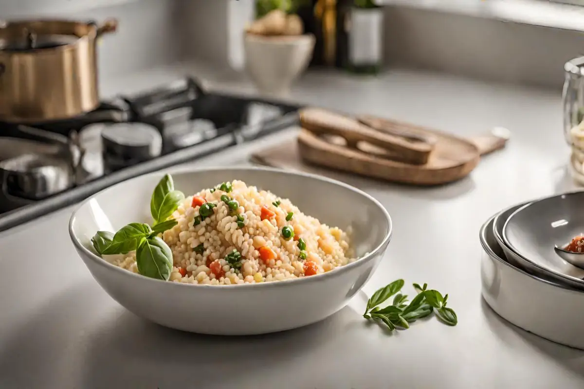 Bowl of cooked pastina with vegetables and basil on a modern kitchen counter.