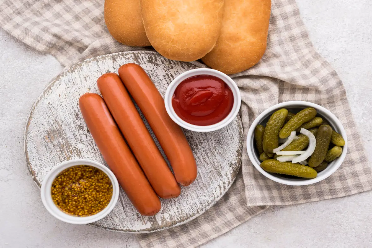 Sausages served with buns, ketchup, and pickles ready for preparation