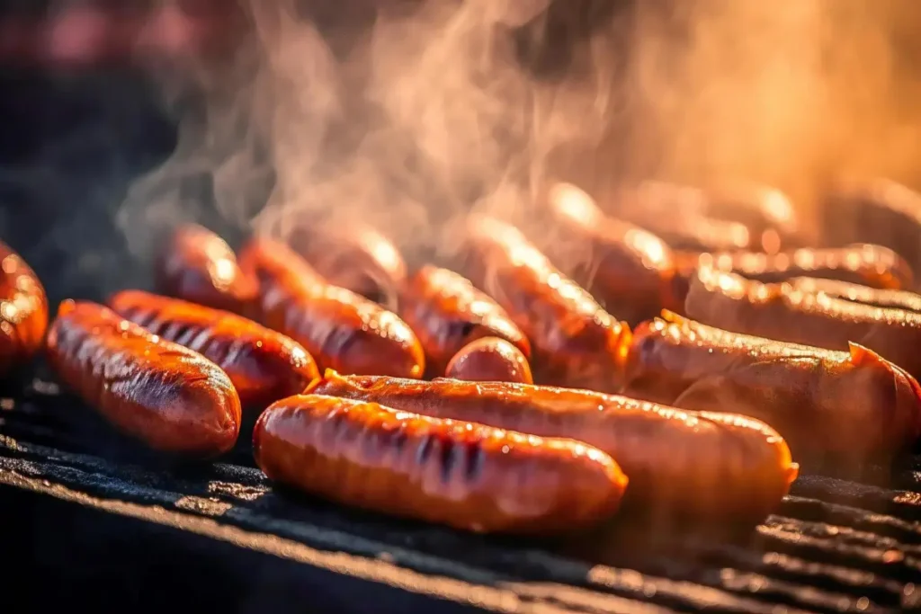 Juicy red hot sausages sizzling on a grill with smoke rising