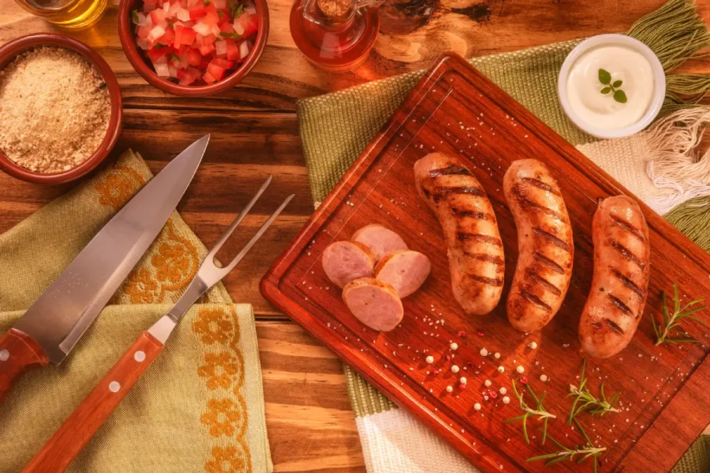 Grilled red sausages on a wooden cutting board with seasoning