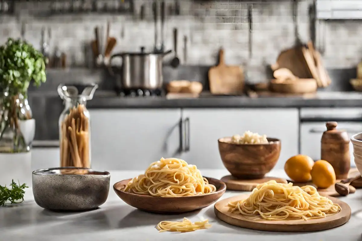 A selection of pasta, including stelline, prepared in wooden bowls on a modern kitchen countertop.