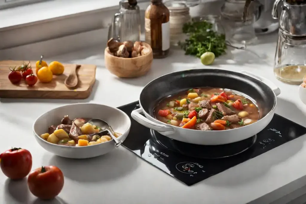 A savory beef stew with chunks of tender meat, carrots, green beans, and tomatoes in a pan on an induction stove, with ingredients like fresh herbs, lemons, and mushrooms on the countertop.