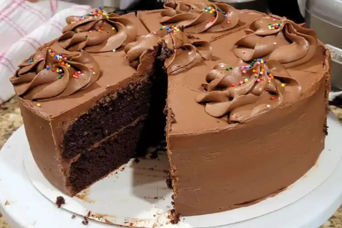 A Swiss Chocolate Chalet Cake with rich chocolate icing and colorful sprinkles.