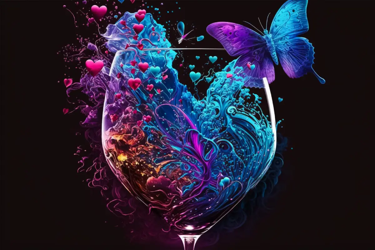 A vibrant and colorful representation of TomTom Bar's Madame Butterfly cocktail with a butterfly garnish
