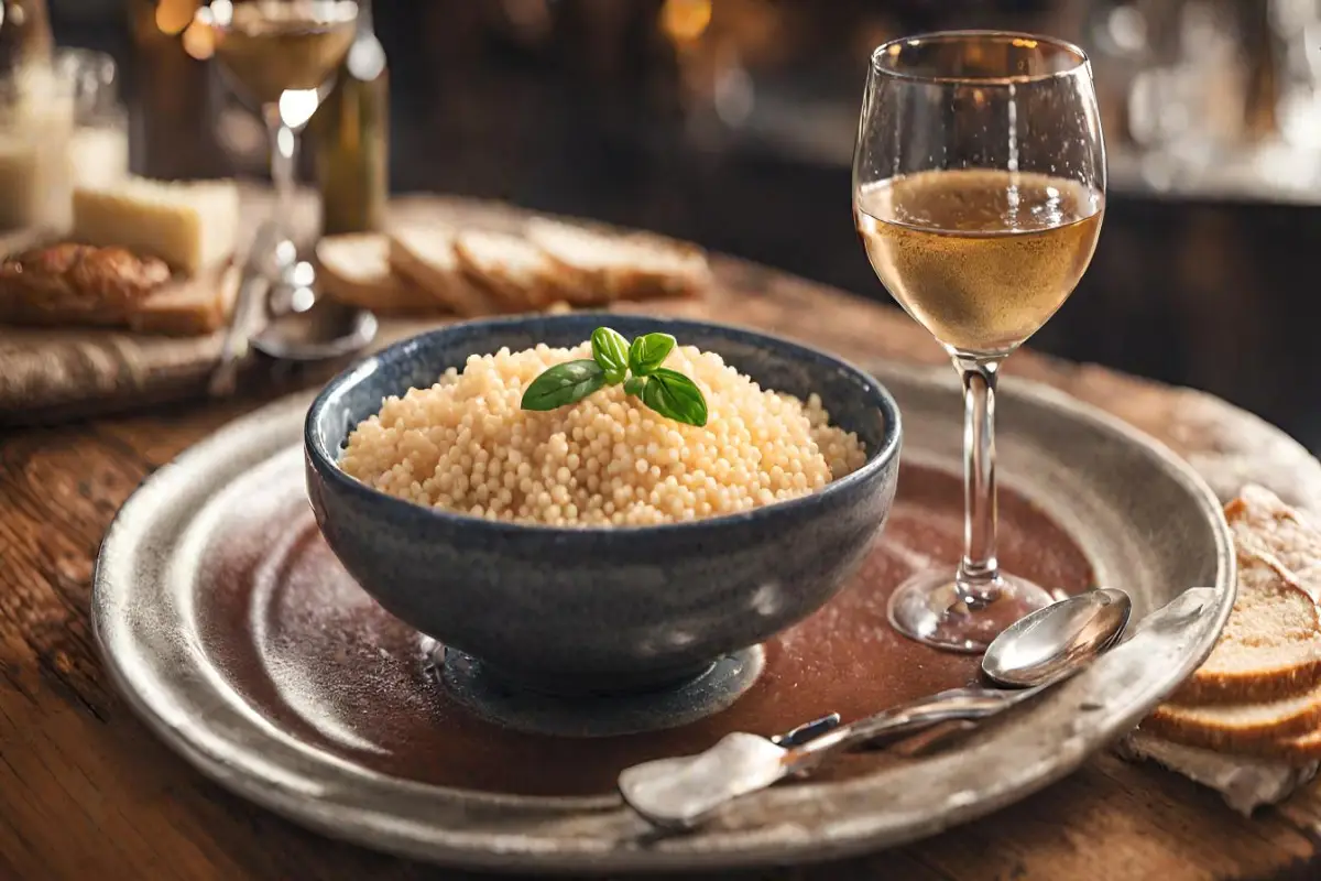A bowl of cooked pastina garnished with a basil leaf, beside a glass of white wine and sliced bread.
