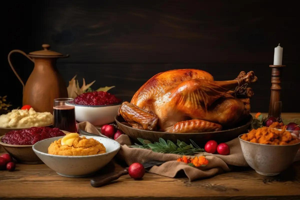 A perfectly roasted turkey surrounded by Thanksgiving side dishes.
