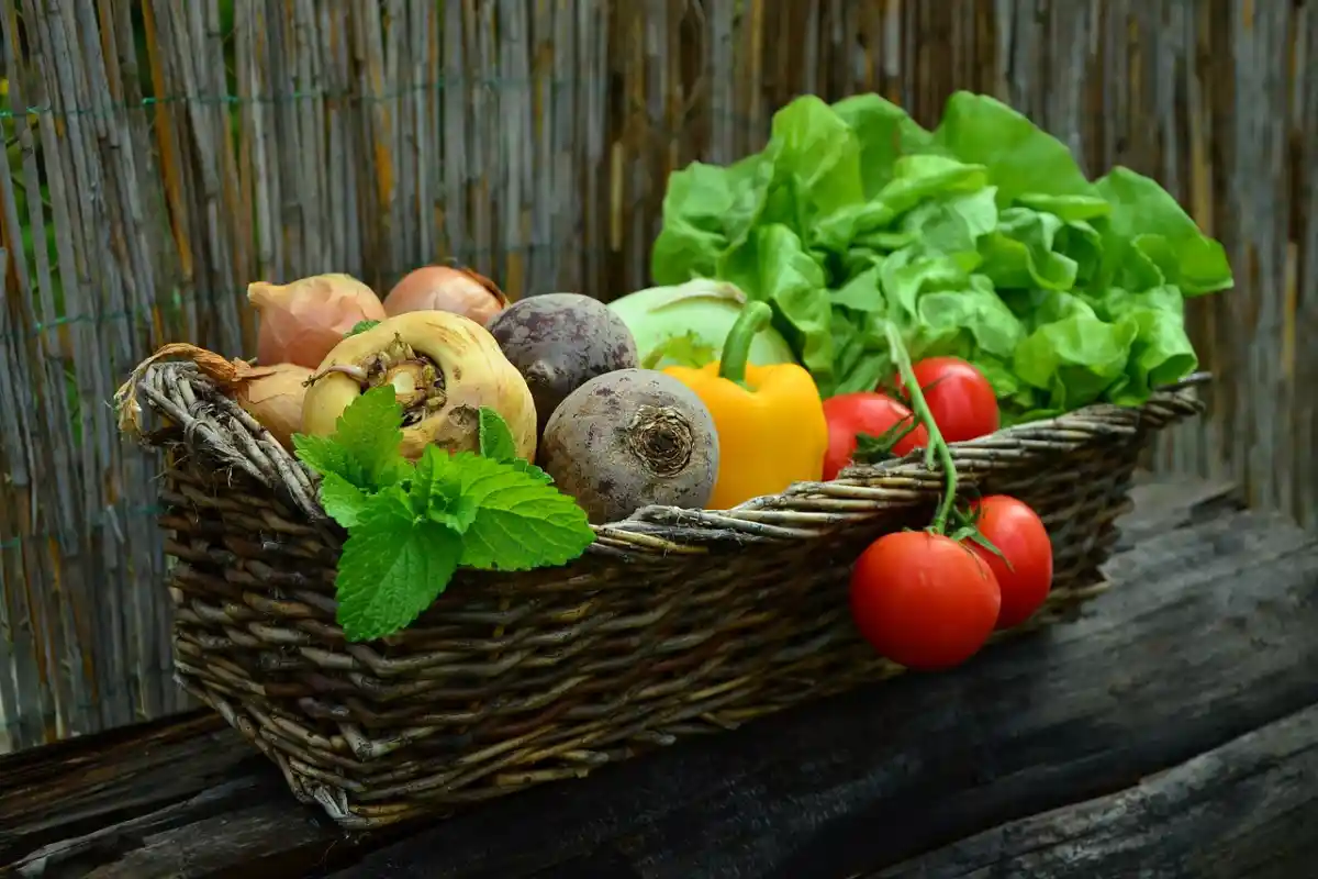 A wicker basket full of fresh vegetables, including tomatoes, lettuce, and bell peppers