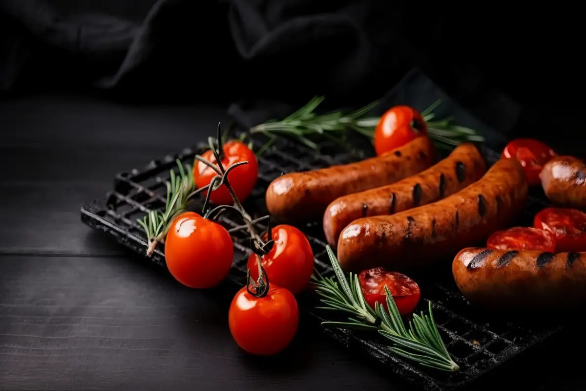 Char-grilled red sausages with fresh tomatoes and rosemary on a dark background