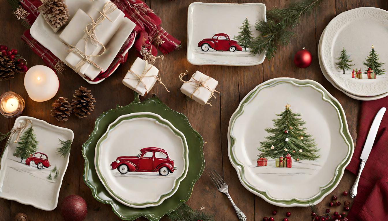 Whimsical Christmas salad plates with vintage red car and tree designs on a rustic wooden table.