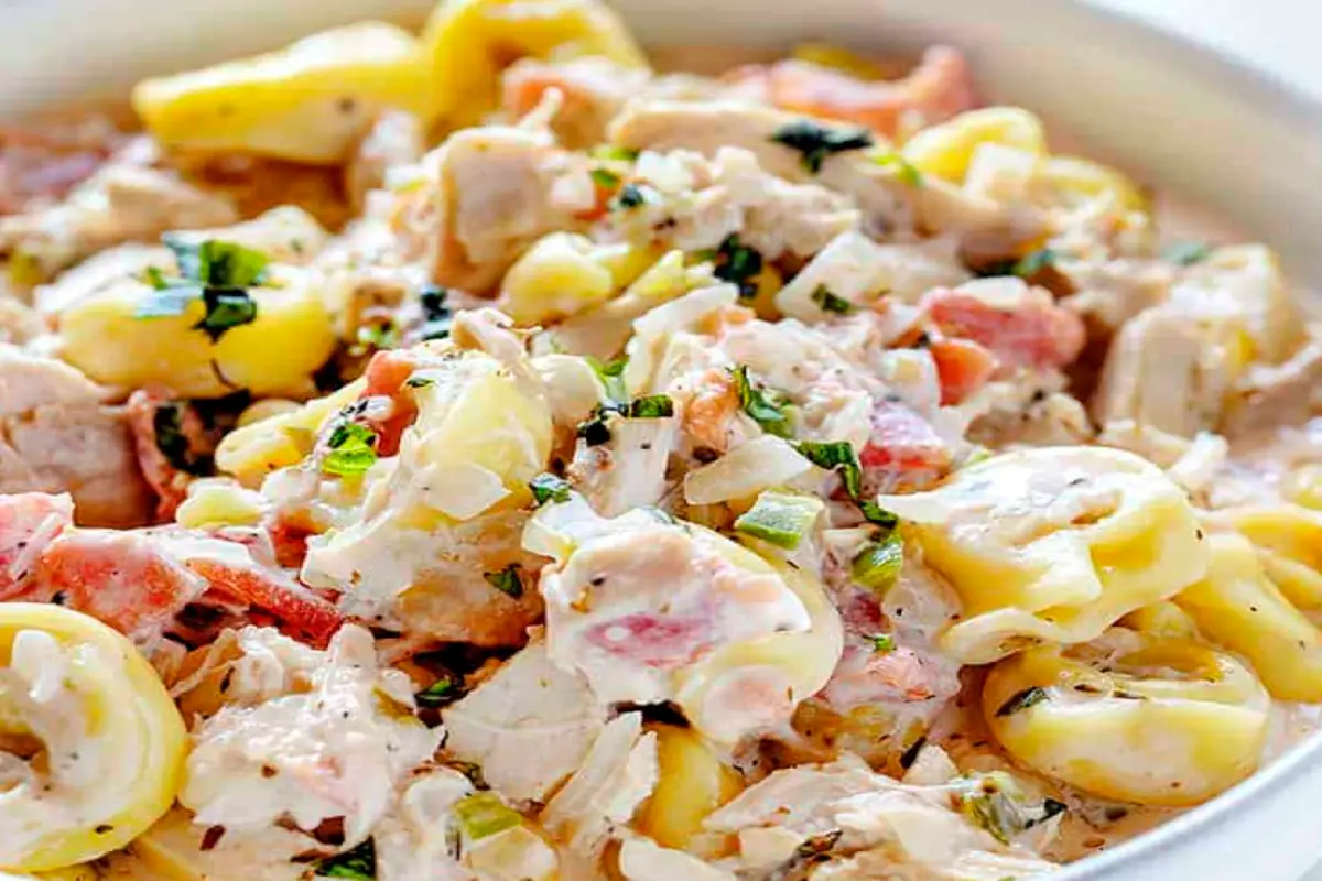 A close-up of chicken tortellini in a creamy sauce with vegetables and herbs.
