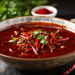 A traditional bowl of spicy Hunan sauce garnished with cilantro and chili peppers.