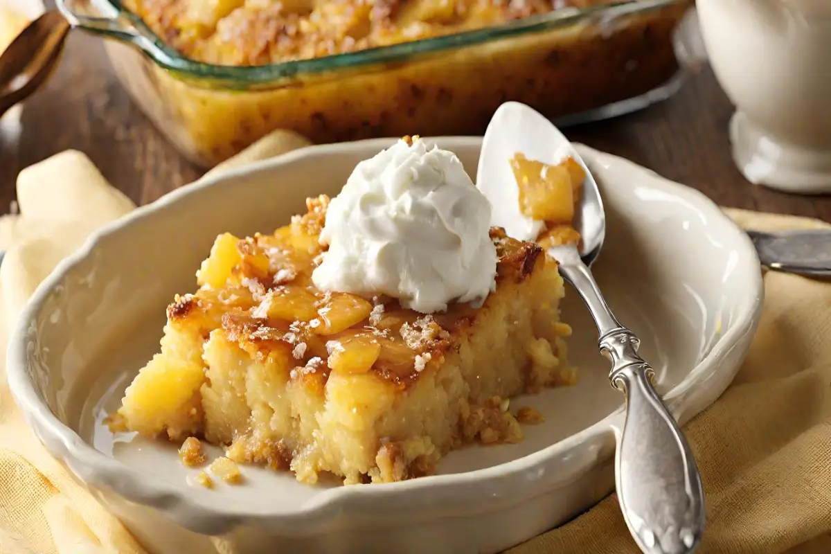 A scrumptious serving of Pineapple Dump Cake topped with whipped cream.