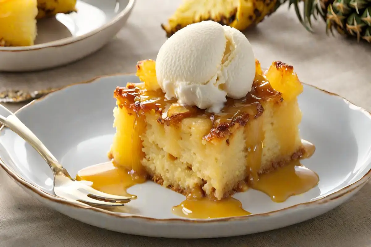 Golden-brown Pineapple Dump Cake topped with melting vanilla ice cream on a ceramic plate.