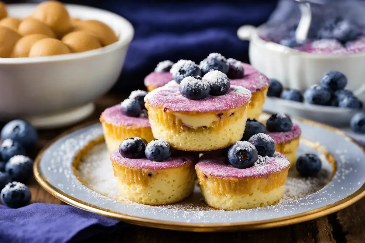 A plate of blueberry cream cheese tarts sprinkled with powdered sugar.