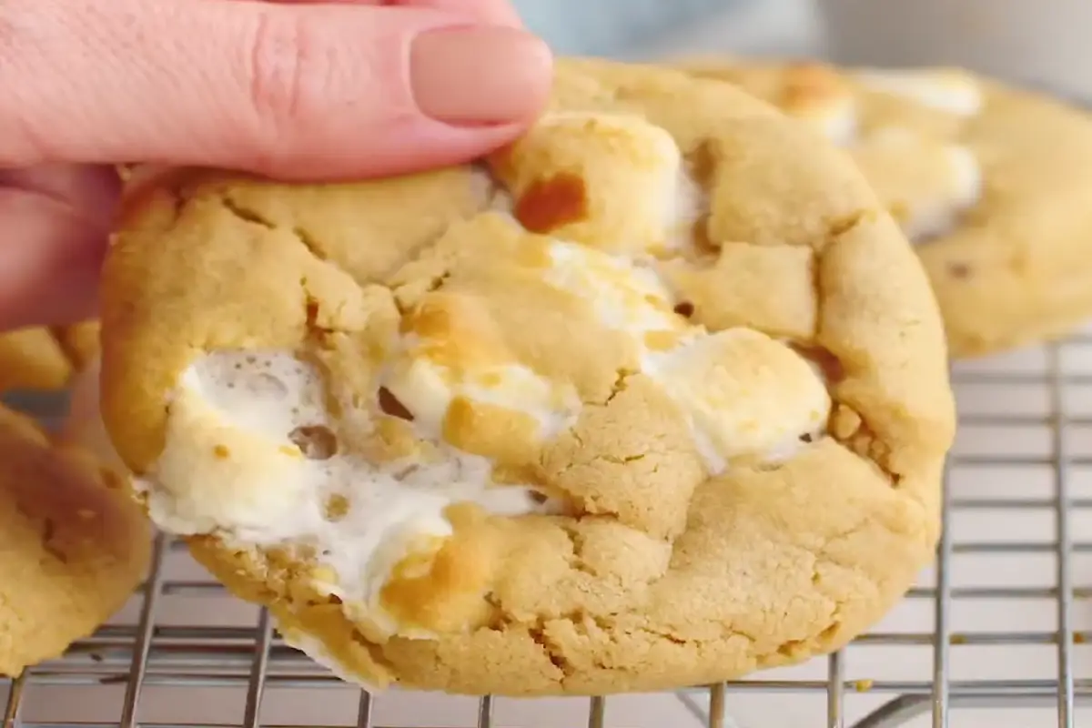 A hand holding a freshly baked fluffernutter cookie with visible marshmallow filling.