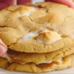 A stack of fluffernutter cookies with gooey marshmallow peeking out.
