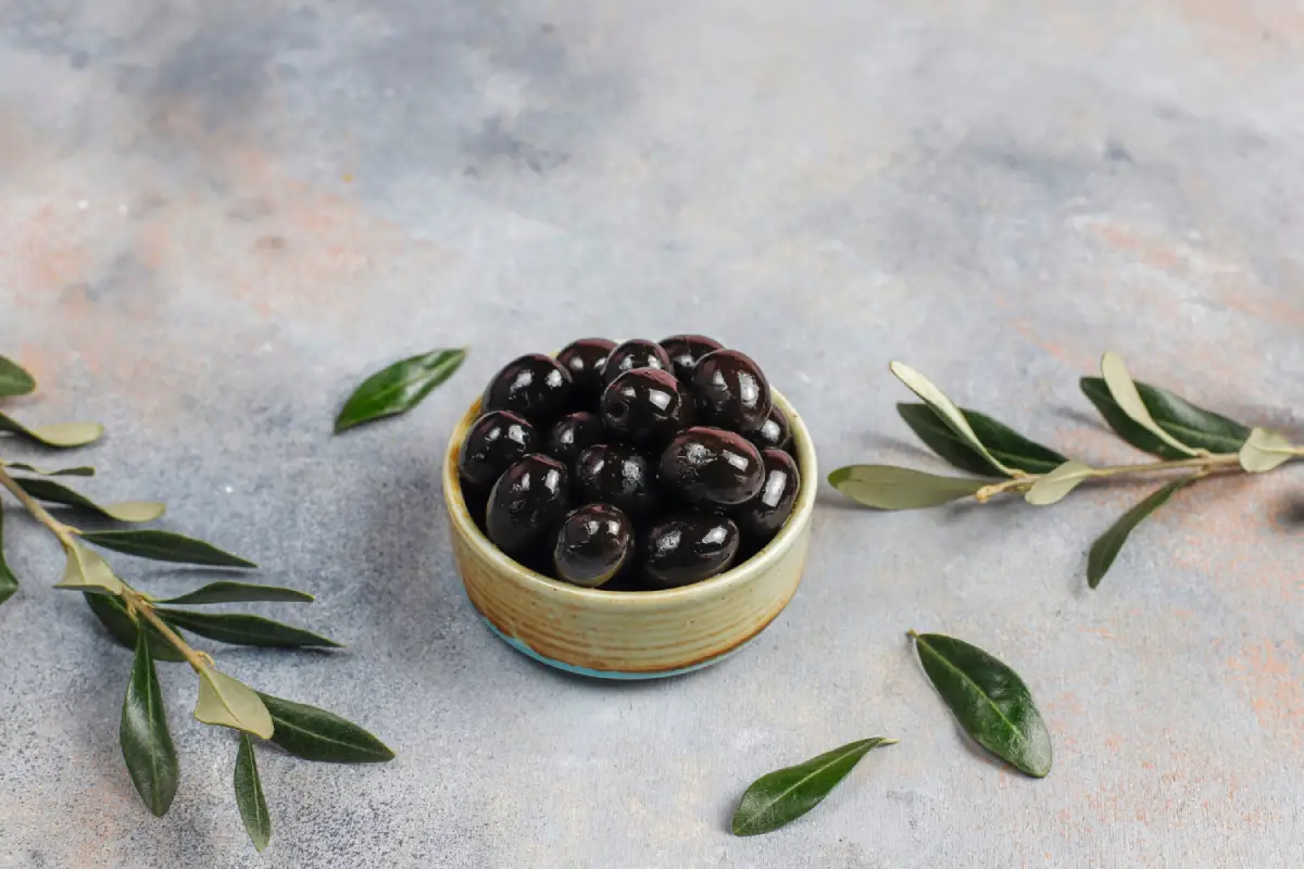 Bowl of black olives with olive leaves on a grey background.