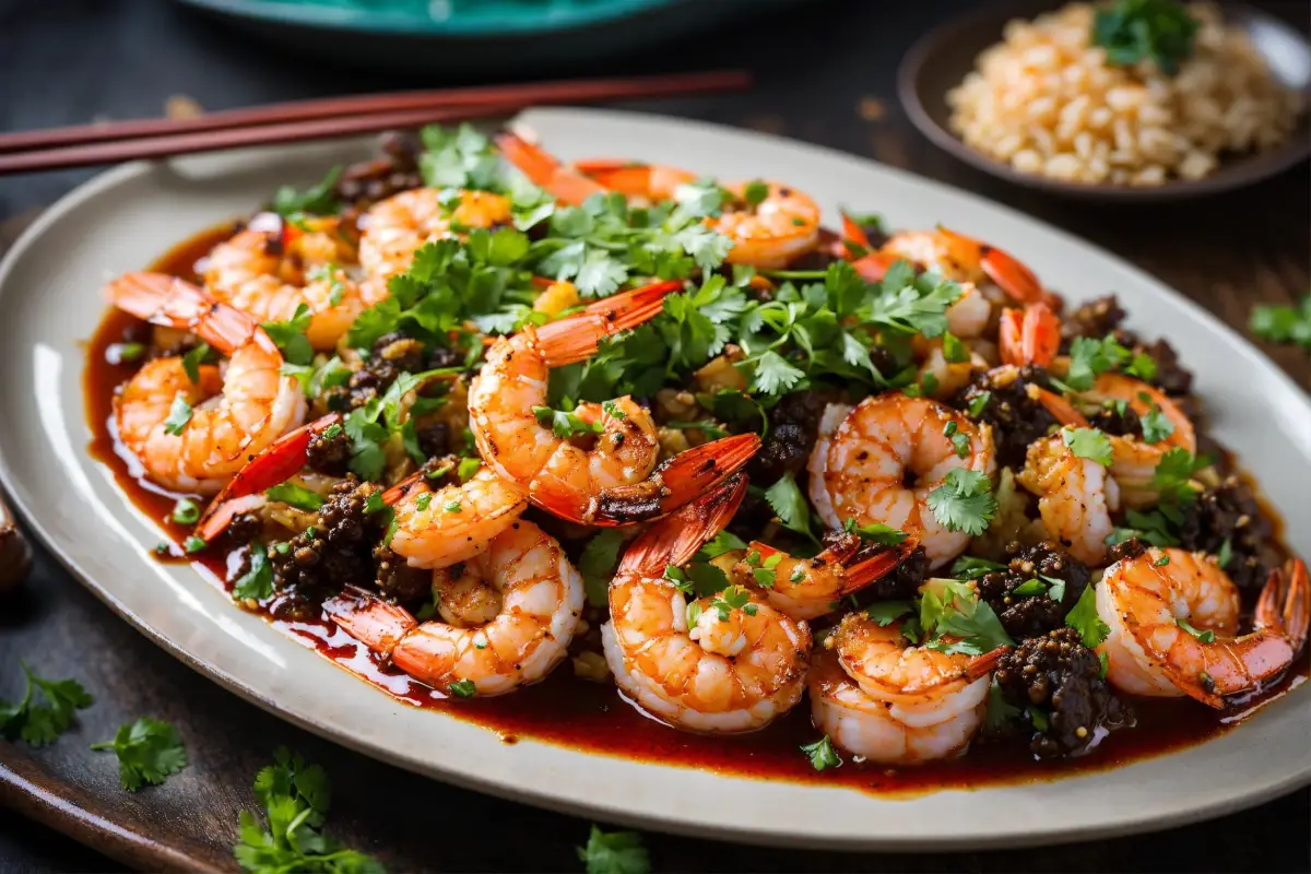 Hunan shrimp stir-fry garnished with fresh cilantro on a plate.