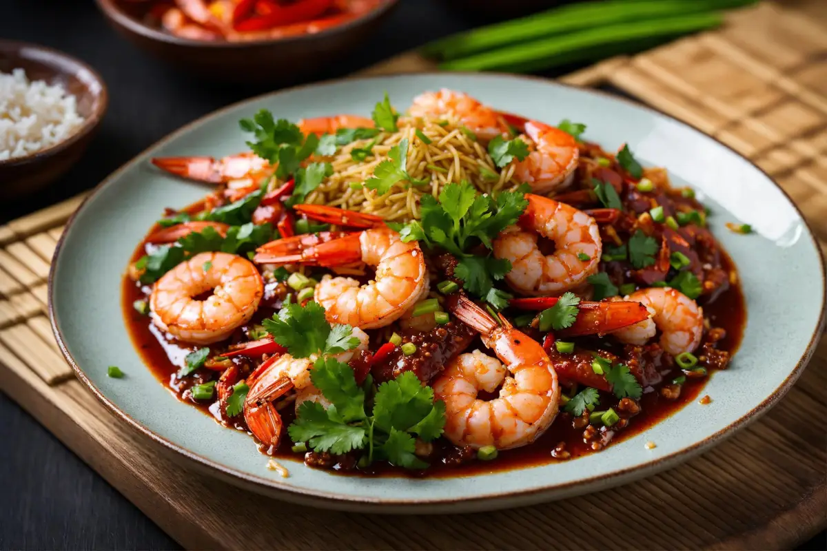 A plate of Hunan shrimp atop noodles garnished with cilantro and spring onions.