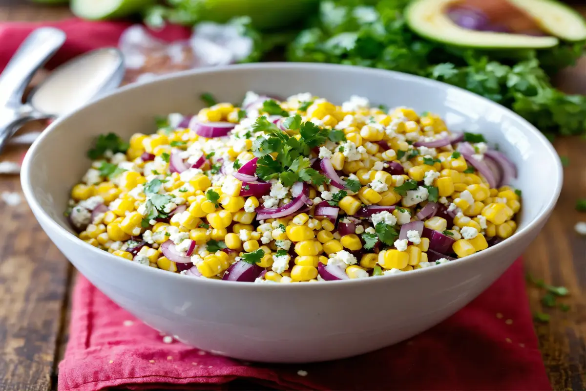 Freshly made Mexican corn salad in a white bowl garnished with cilantro and feta cheese.