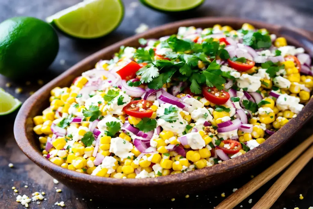 Vibrant Mexican corn salad with fresh cilantro, tangy lime, and crumbly cheese garnishing.