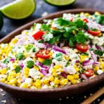 Vibrant Mexican corn salad with fresh cilantro, tangy lime, and crumbly cheese garnishing.