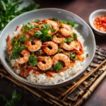 A bowl of shrimp served over white rice, garnished with fresh herbs.
