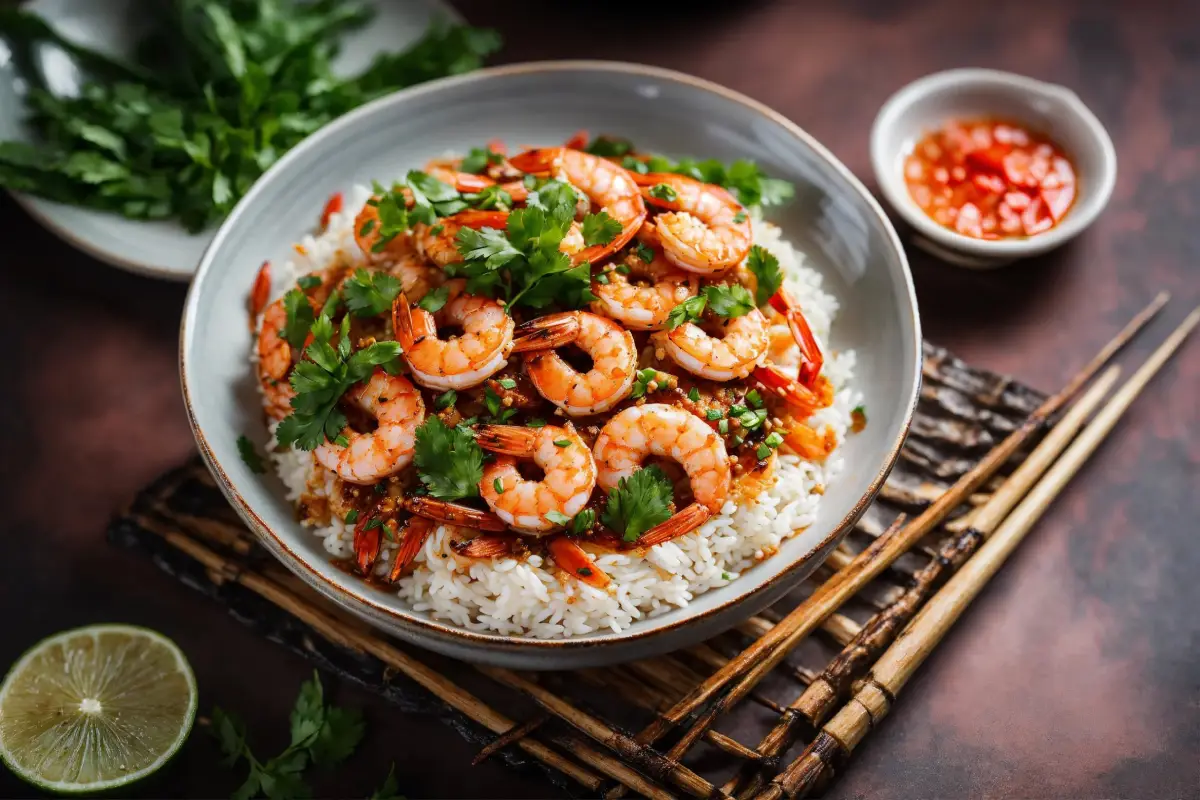 A bowl of shrimp served over white rice, garnished with fresh herbs.