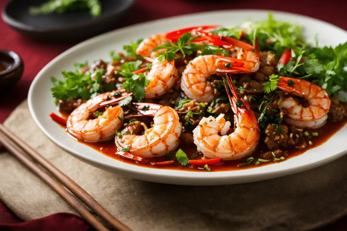 A plate of Spicy Hunan Shrimp garnished with herbs.