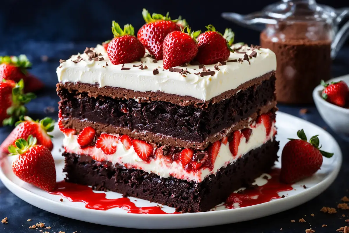 Layers of rich chocolate brownie, fresh strawberries, and creamy frosting in a strawberry brownie delight dessert.