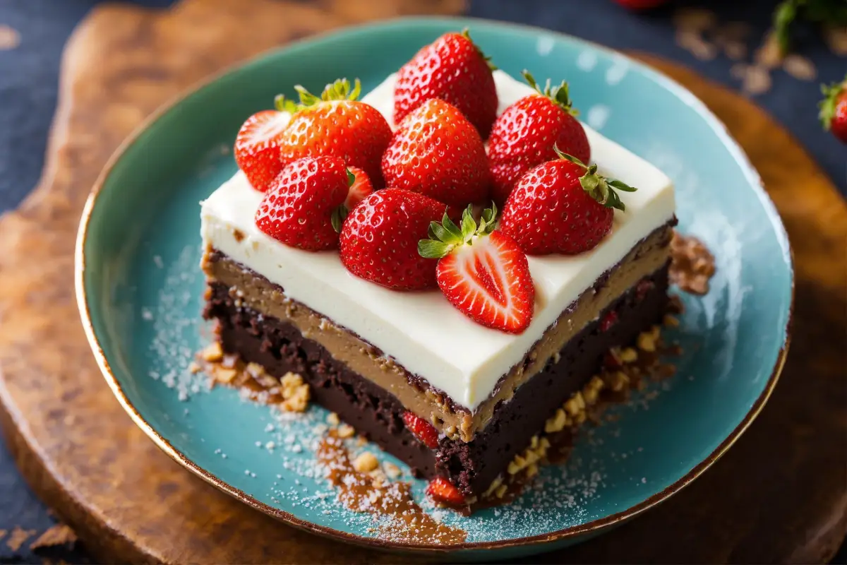 A luscious strawberry brownie cake topped with fresh strawberries on a ceramic plate.
