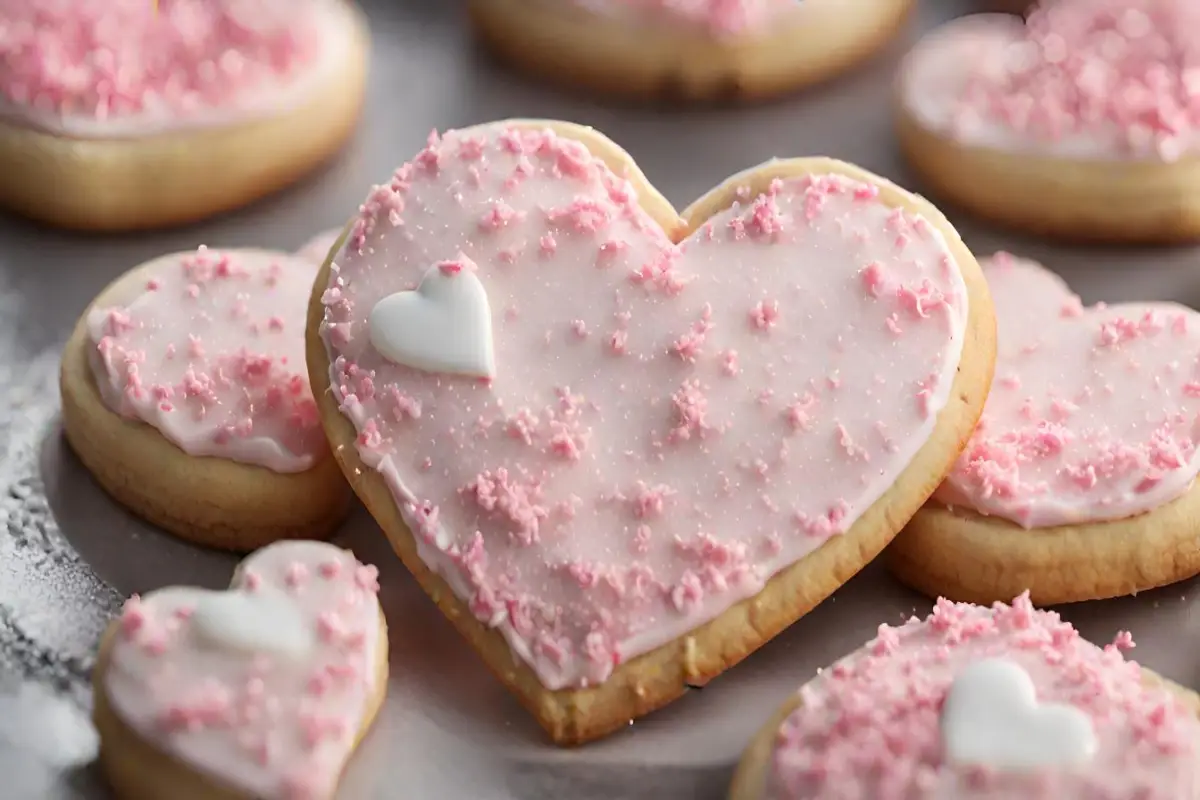 Heart-shaped sugar cookies with pink icing and white heart sprinkle decorations.