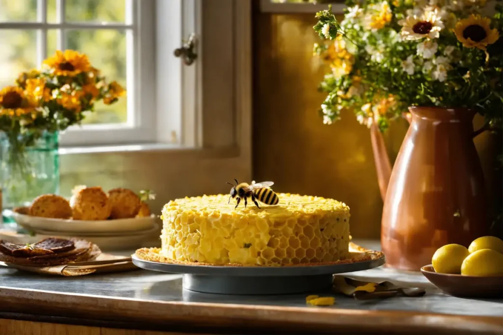 Yellow honeycomb-patterned bee cake on a kitchen counter