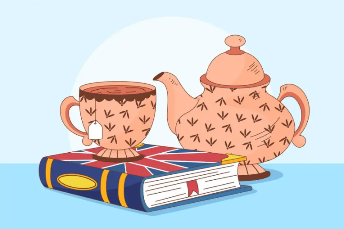 Illustration of a traditional British tea setup with Earl Grey tea, teapot, and a book with the UK flag on the cover.