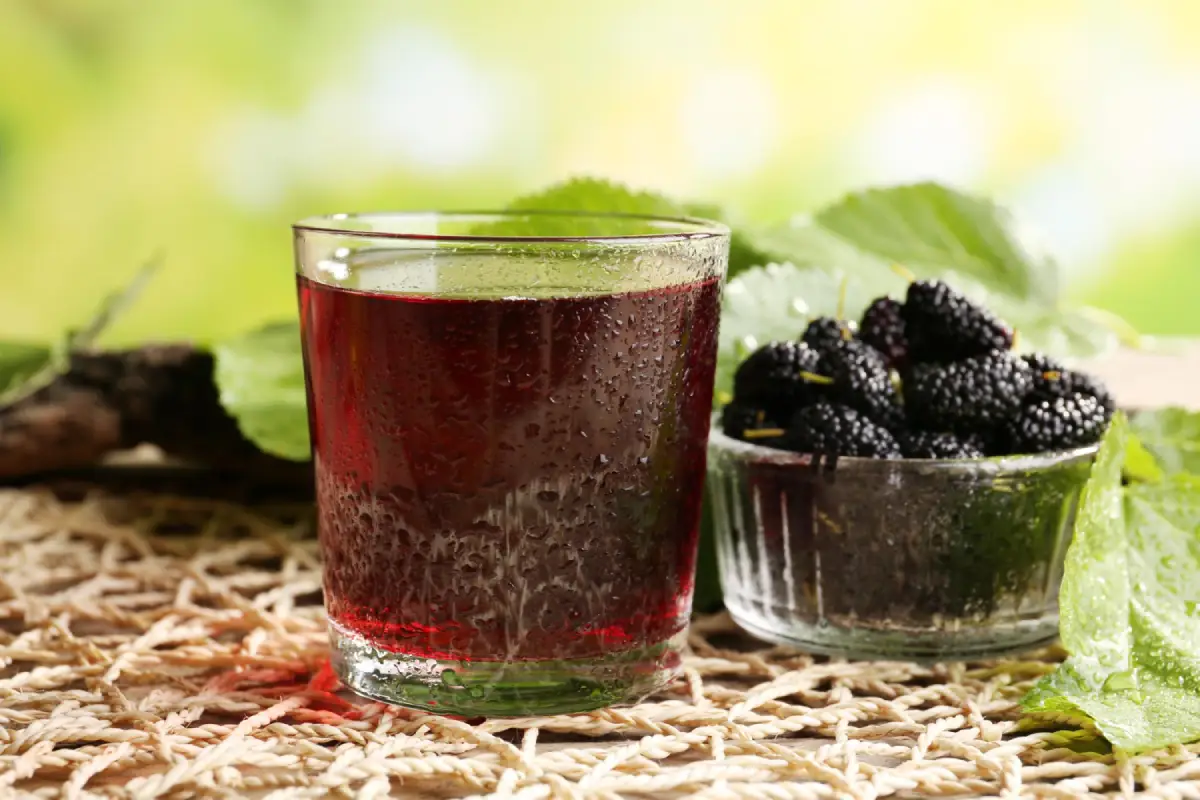 A glass of rich blackberry moonshine with fresh blackberries and green leaves on a natural background.