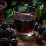 A glass of homemade blackberry moonshine surrounded by fresh blackberries on a wooden surface.