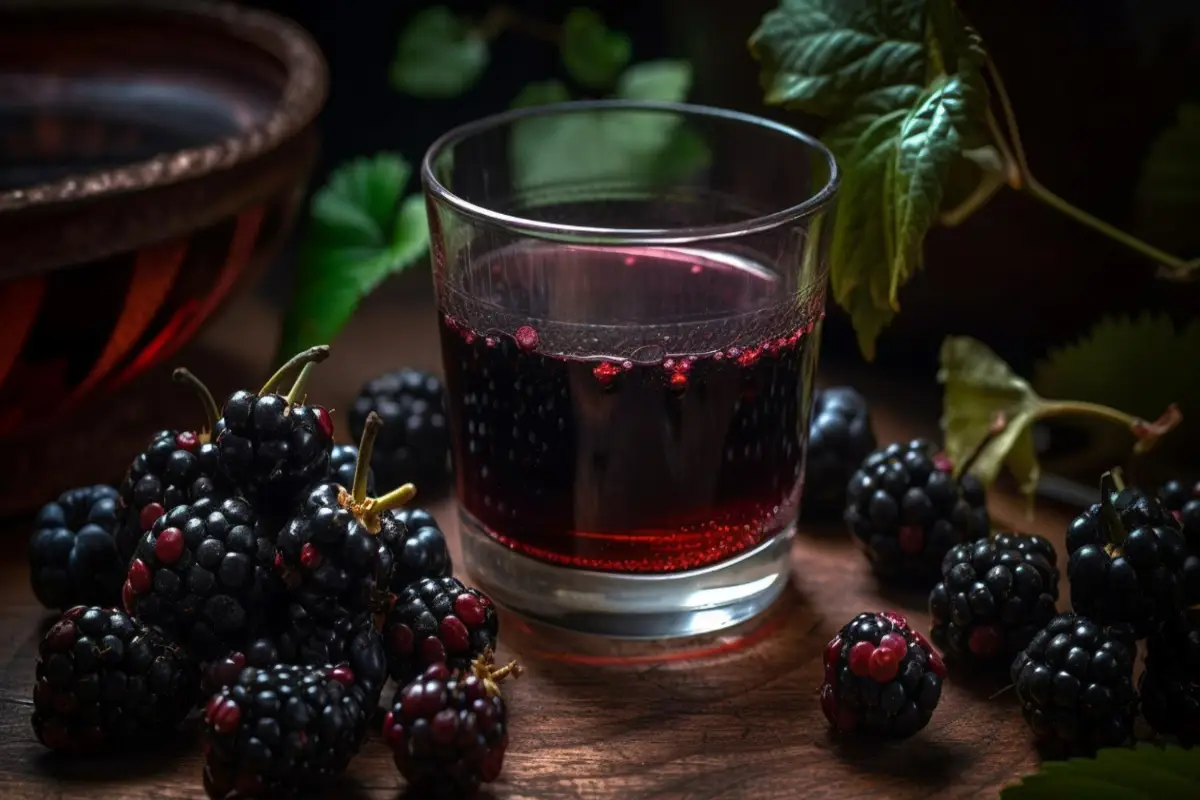 A glass of homemade blackberry moonshine surrounded by fresh blackberries on a wooden surface.